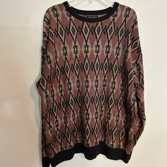 Zara Men's Geometric Jacquard Coogi Style Knitted Sweater Sz L 3D Textured Knit - Picture 1 of 6